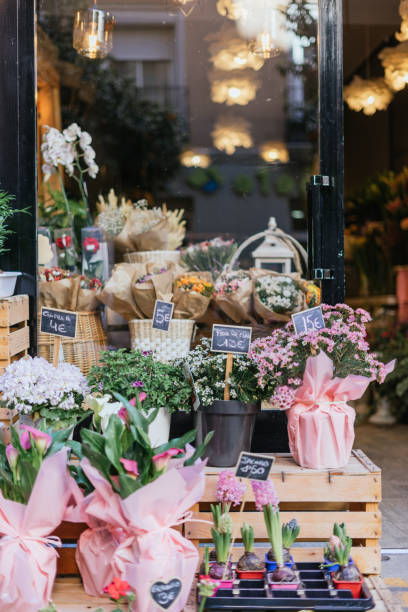 Showcase of a flower shop. stock photo