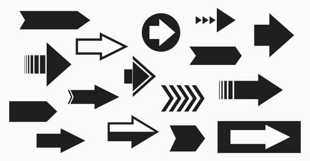 ilustraciones, imágenes clip art, dibujos animados e iconos de stock de conjunto de iconos de flecha. elemento de diseño de flecha en blanco y negro - arrow