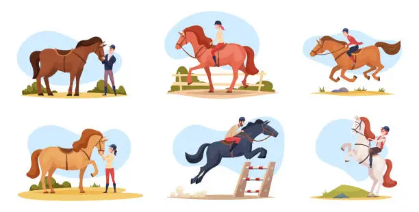 Vector illustration of Equestrian riders. Brown black and white domestic horses with riders exact vector cartoon illustration isolated