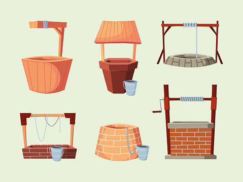 Water well. Rural natural constructions from bricks and wood wellness garish vector in cartoon style