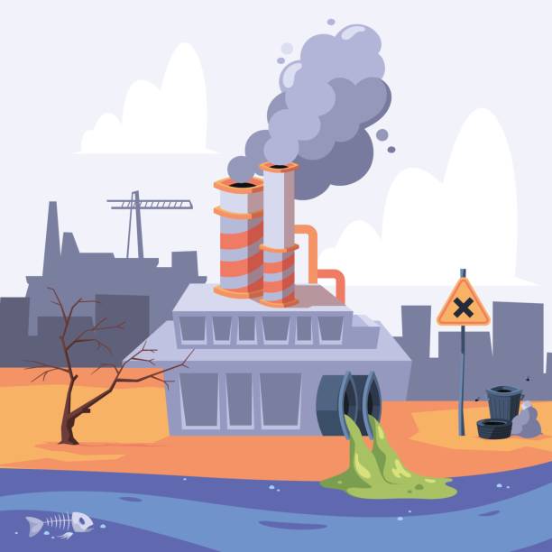 verschmutzung der stadt. giftiger siedlungsabfall flüssiger müll landschaft grelle vektor cartoon hintergrund - factory pollution smoke cartoon stock-grafiken, -clipart, -cartoons und -symbole