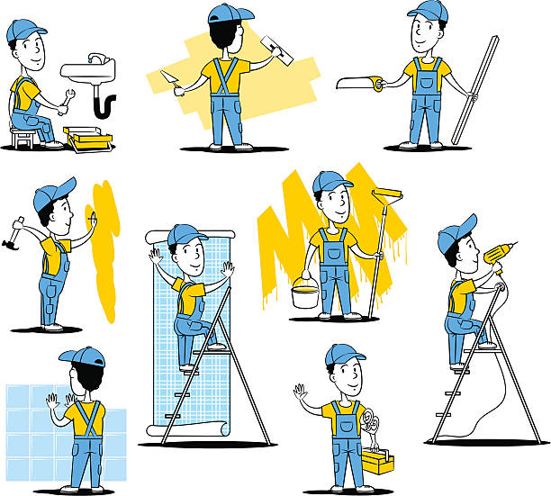 ilustrações de stock, clip art, desenhos animados e ícones de trabalhadores de construção - mechanic cartoon construction work tool