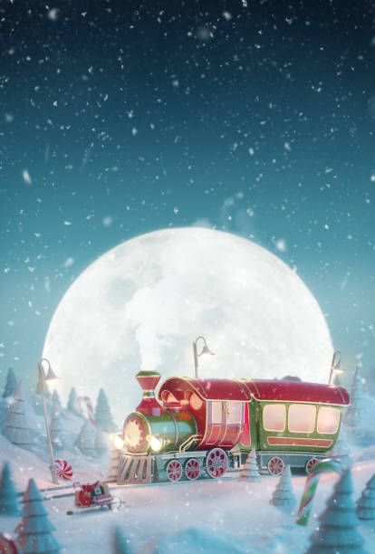 魔法の森の中でかわいい面白い妖精サンタのクリスマス列車 - locomotive train night vertical ストックフォトと画像