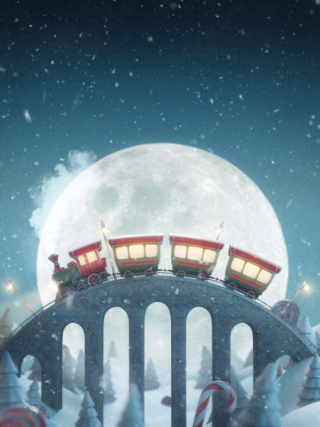 uroczy zabawny świąteczny pociąg wróżki świętego mikołaja jedzie brygą na biegunie północnym w noc bożego narodzenia. - locomotive train night vertical zdjęcia i obrazy z banku zdjęć