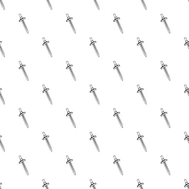 Vector illustration of Swords doodle seamless pattern background. Sword pattern seamless. mystic occult. Ancient battle backdrop. Sword silhouettes. Antique backdrop. scandinavian background.Simple doodle style on white.