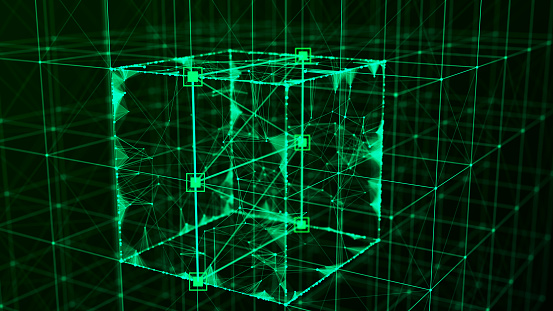 Technology block chain network connection. Big data visualization. Cyber security background. Green cube, consisting of block. 3D rendering.