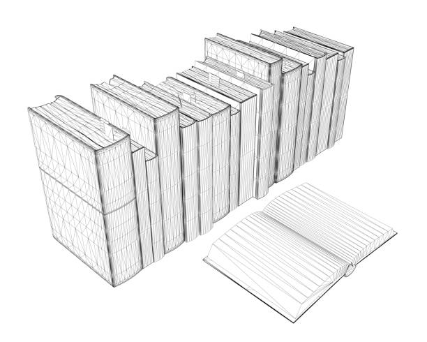 illustrations, cliparts, dessins animés et icônes de filaire de pile de livres à partir de lignes noires isolées sur fond blanc. un livre ouvert. vue isométrique. 3d. illustration vectorielle - stacking bookstore reading book