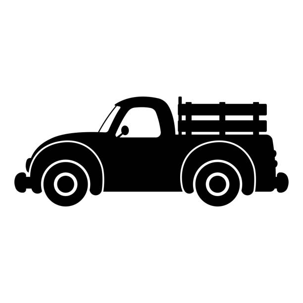 Pickup truck icon. Old farm car. Black silhouette. Side view. Vector flat graphic illustration. The isolated object on a white background. Isolate. Pickup truck icon. Old farm car. Black silhouette. Side view. Vector flat graphic illustration. The isolated object on a white background. Isolate. truck silhouettes stock illustrations