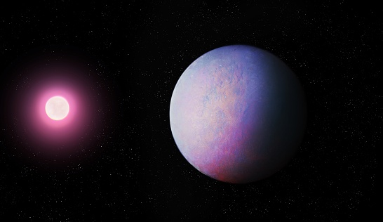 Planet and star in deep space. Realistic exoplanet, planet with a solid surface 3d illustration.