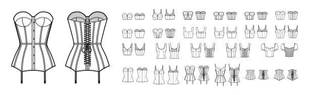 ilustrações de stock, clip art, desenhos animados e ícones de set of corsets bustier longline bra lingerie technical fashion illustration with molded cup, bones, crop hip length - panties lingerie sensuality bra