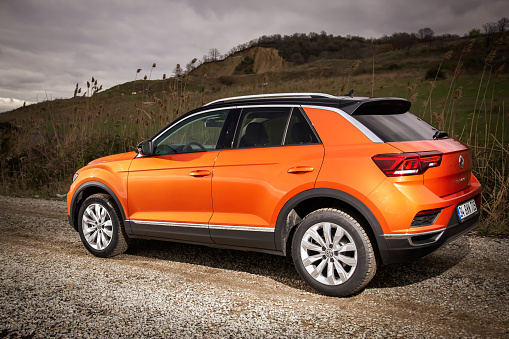Istanbul, Turkey - March 13 2019 : Volkswagen T-Roc is a subcompact crossover SUV manufactured by German automaker Volkswagen.