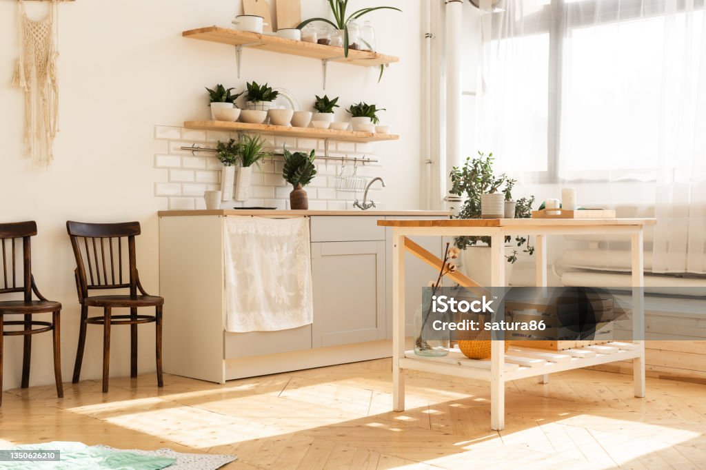 Stylish scandinavian open space with kitchen accessories and plants. Stylish scandinavian open space with kitchen accessories and plants Curtain Stock Photo