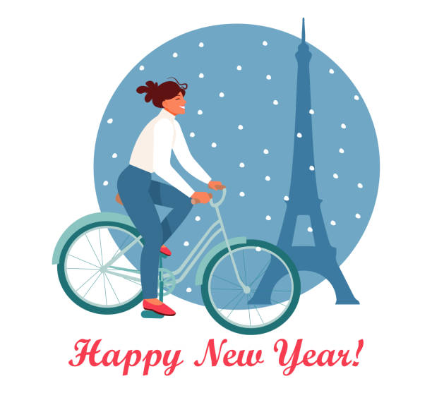 A pretty girl or woman in a white sweater and jeans on a bicycle rides under the snow past the Eiffel Tower A pretty girl or woman in a white sweater and jeans on a bicycle rides under the snow past the Eiffel Tower. Signature "Happy New Year". Festive illustration, France, Paris, greeting card. eiffel tower winter stock illustrations