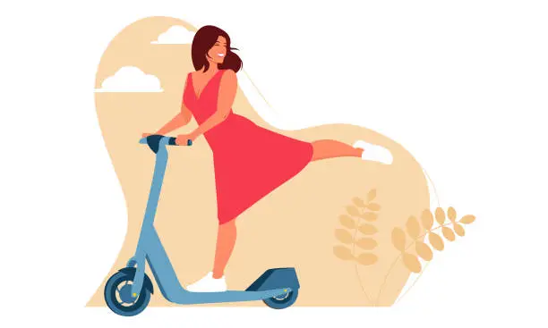 Vector illustration of A cute dark-haired girl in a red dress rides a scooter, lifts her leg and smiles