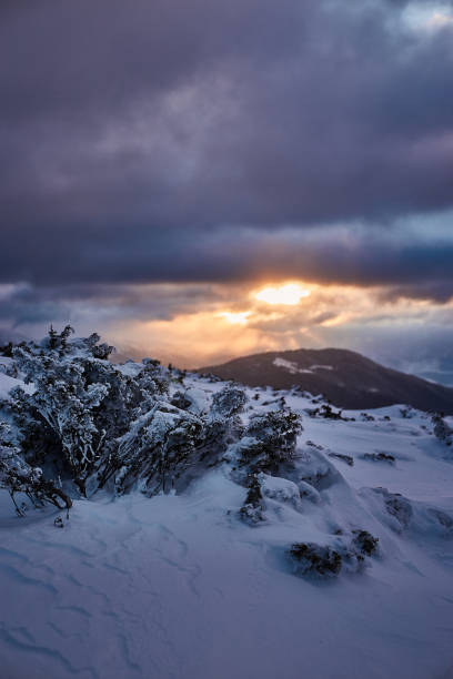 istock Winter sunrise landscape in snowy mountains 1350626269