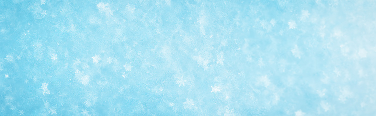 Snowy background with closeup panoramic view of the crystal snowflakes. Concept of the wallpaper, background and backdrop.