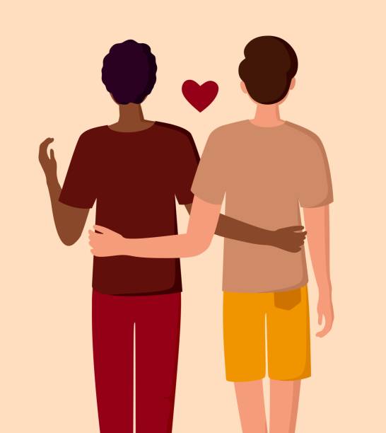 An interracial homosexual couple. Hugging men. The LGBT community and the concept of love. Vector illustration. An interracial homosexual couple. Hugging men. The LGBT community and the concept of love. gay males stock illustrations