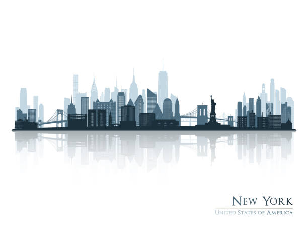 反射を伴うニューヨークのスカイラインシルエット。風景ニューヨーク、アメリカ合衆国。ベクターの図。 - 都市の全景点のイラスト素材／クリップアート素材／マンガ素材／アイコン素材