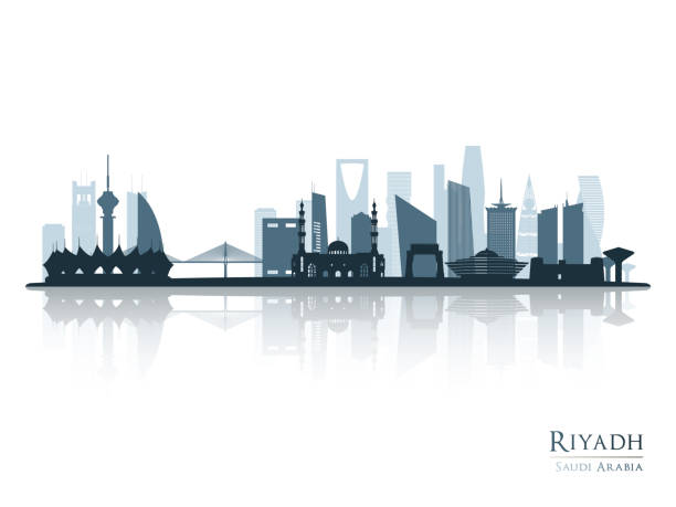 ilustraciones, imágenes clip art, dibujos animados e iconos de stock de silueta del horizonte de riad con reflejo. paisaje riad, arabia saudita. ilustración vectorial. - arabia saudí