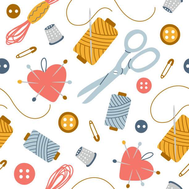 illustrazioni stock, clip art, cartoni animati e icone di tendenza di modello colorato senza cuciture di strumenti da cucito per ricamo su sfondo bianco - sewing needlecraft product needle backgrounds