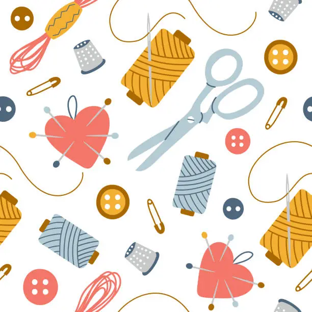 Vector illustration of Colorful seamless pattern of sewing tools for needlework on white background