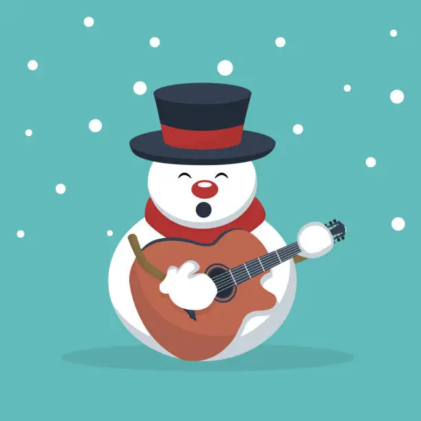 Vector illustration of Christmas snowman musician playing guitar card