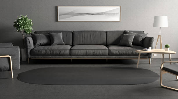 istock Blank black oval interior carpet in room mockup, front view 1350634140