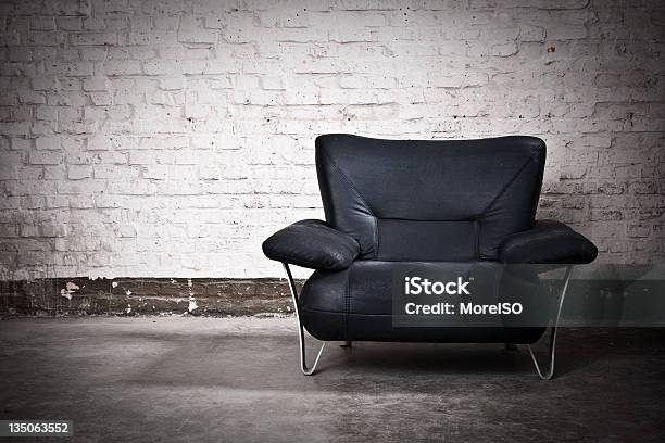 Black Armchair Nobody White Brick Wall Background Stock Photo - Download Image Now - Black Color, Front View, Leather