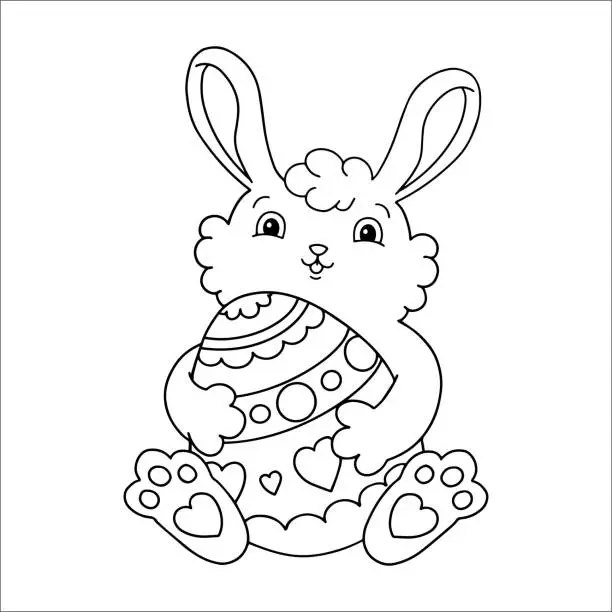 Vector illustration of Easter rabbit with egg. Coloring book page for kids. Cartoon style. Vector illustration isolated on white background.