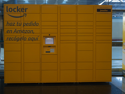 Malaga, Spain: October-20-2021. Amazon collection point at María Zambrano station