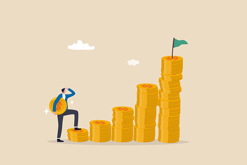 Start invest in stock market, begin savings to achieve financial goal, power of compound interest, collecting wealth, young adult office man carrying money coin start step on compound money stack.