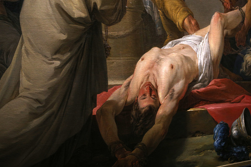 Lyon, france, april 04, 2017 : painter A. Paillet, Le martyre de saint Barthélémy et de saint Gervais, year 1660 in primatiale saint-jean church