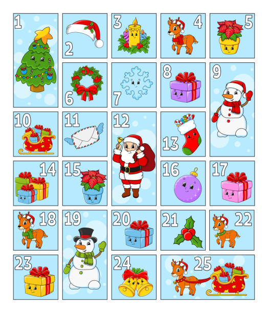 istock Christmas advent calendar with cute characters. Santa claus, deer, snowman, fir tree, snowflake, gift, bauble, sock. Cartoon style. With numbers 1 to 25. Vector illustration. Holiday preparation. 1350637663