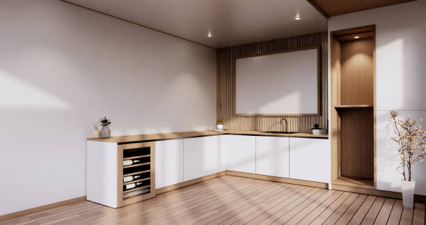 sala de cozinha estilo japonês.3d renderização - design studio - fotografias e filmes do acervo