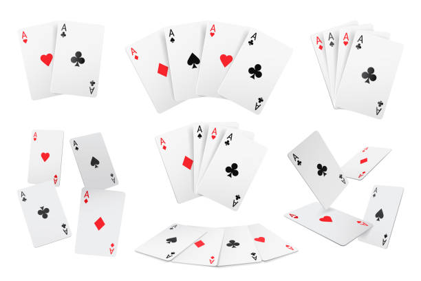 Playing card four aces diamonds and clubs, hearts and spades poker game cards realistic 3D design set. Vector red and black suits, leisure hobby entertainment gambling game fortune card to play vector art illustration