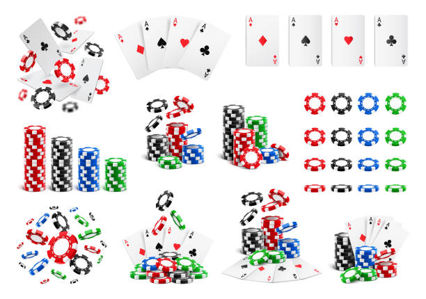 illustrations, cliparts, dessins animés et icônes de les cartes à jouer tombent et volent, les piles et les tas de jetons de paris, le grand ensemble de casino, les icônes 3d réalistes. pièces de jeu de jeu vectorielles sous différents angles. traques, clubs d’as de poker et diamants, cœurs et piques - jeton poker