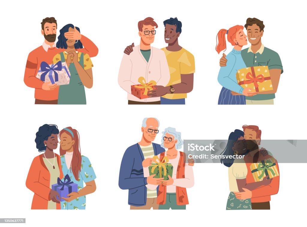 Couple Giving Gift To Each Other Isolated Cartoon People Set Vector Husband  And Wife Man Gay And Woman Lesbian Partners Elderly Grandmother And  Grandfather Multiracial Family Present Box Surprise Stock Illustration -