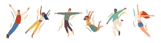 istock Happy people flying, concept of freedom, development and happiness isolated flat cartoon characters. Vector man and woman fly in air. Falling businessman, cheerful freelancer, euphoric feeling 1350637788