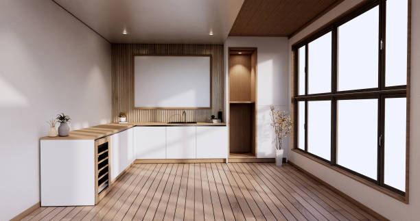 sala de cozinha estilo japonês.3d renderização - design studio - fotografias e filmes do acervo