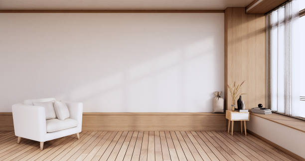 istock Empty room - white wall on wood floor interior and decorations plants. 3D rendering 1350637872