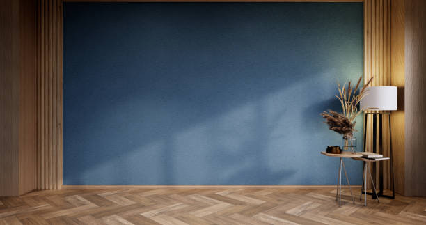 istock Empty room - Blue wall on wood floor interior and decorations plants. 3D rendering 1350637934