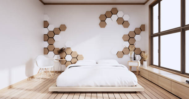 istock Bedroom, hexagon tiles wall design minimalist.3D rendering 1350637971