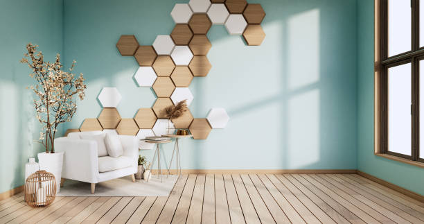 istock Hexagon wall on mint room with arm chair and decoration plants. 3D rendering 1350638018
