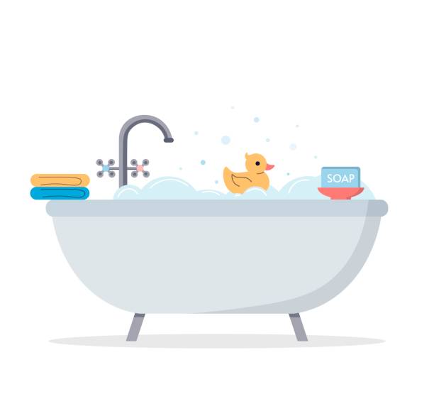 ilustraciones, imágenes clip art, dibujos animados e iconos de stock de baño de espuma sobre un fondo aislado. bañera con burbujas de espuma y pato de goma. hora del baño. toalla de baño y jabón de baño en estilo plano. linda ilustración vectorial. - rubber duck