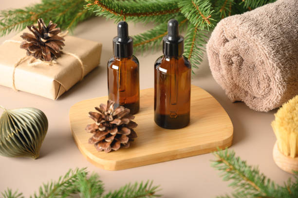 istock Spa concept, wellness objects on wood plant, christmas background. Present holiday 1350639039