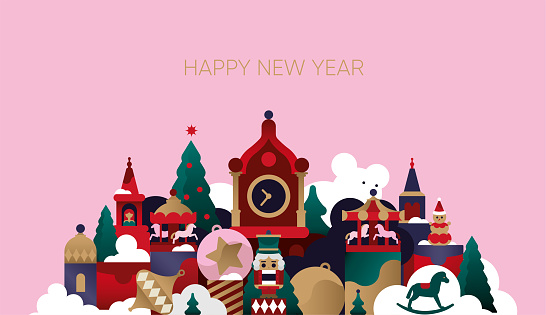 New Year's composition with a Nutcracker, toys, gifts, Christmas trees and carousels.