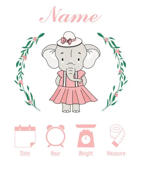 Vector illustration of Cute elephant. Baby birth print. Baby data template at birth.