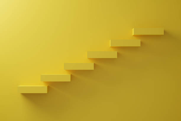 istock Yellow block stack as stair step on yellow background. Success, climbing to the top, Progression, business growth concept. 3D Render Illustration. 1350639385