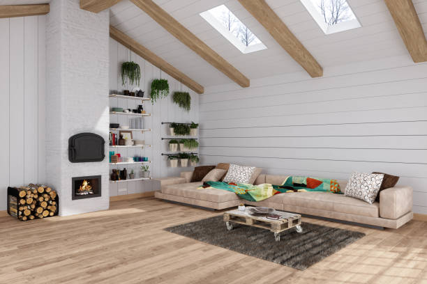 istock Modern Attic Living Room With Beige Corner Sofa, Coffee Table, Fireplace And Hanging Baskets 1350639625