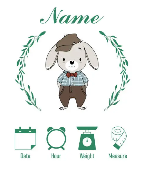 Vector illustration of Cute rabbit. Baby birth print. Baby data template at birth.